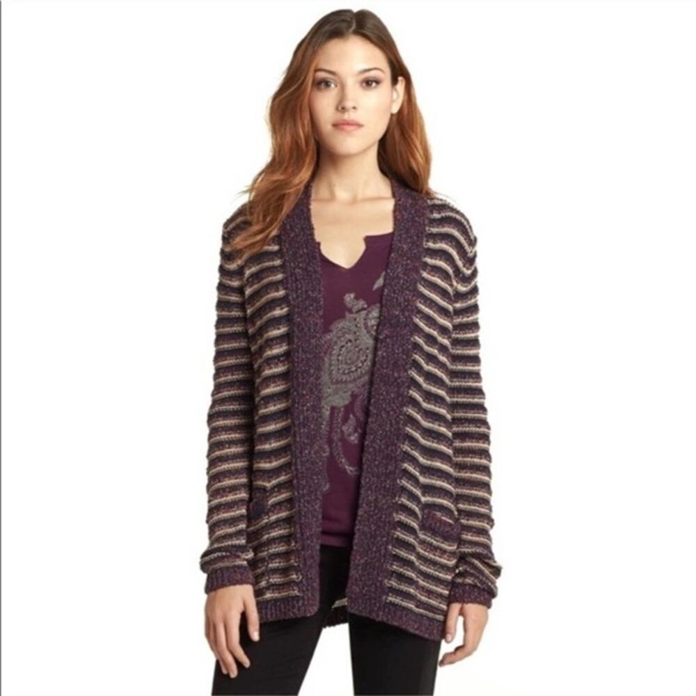 Lucky Brand Cardigan Sweater Boucle Knit Striped Western Boho Purple Tan Size S